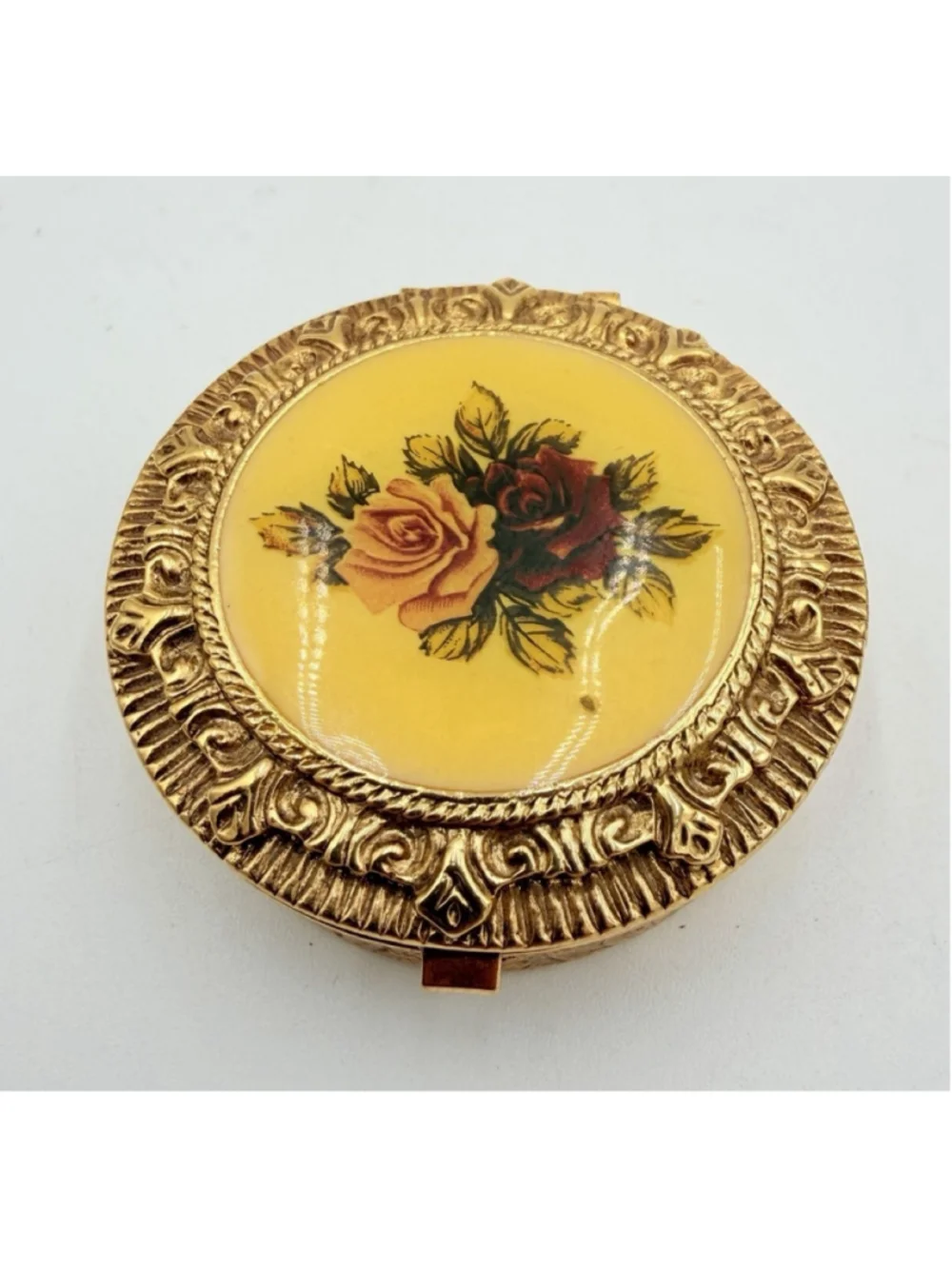 Rose Floral PILL BOX Gold Tone Ornate Round 2 Compartment Compact 2 Inch